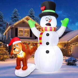 ⚡5.5 FT Christmas Inflatables Shocked Snowman with Puppy Dog Outdoor Decorations